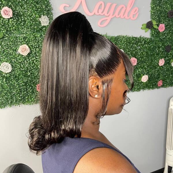 Silky High Ponytail with Curtain Bangs - a woman wearing tank top