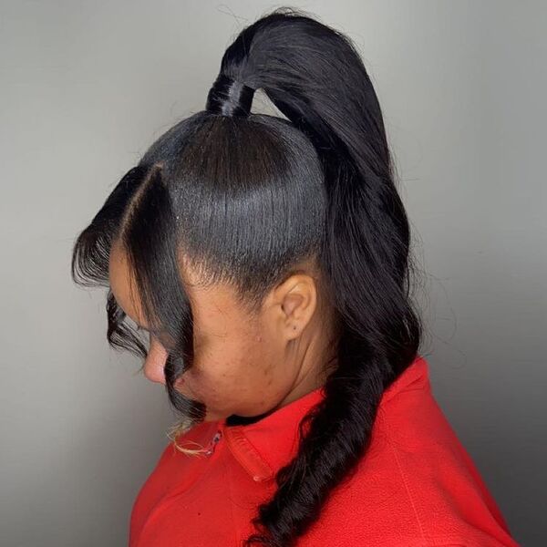 Spring Curled Pony with Bangs - a woman wearing hot red top