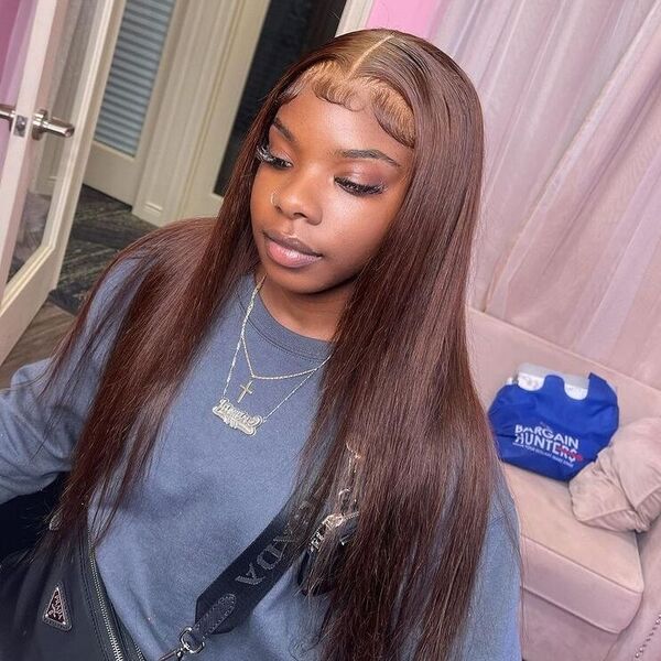 Straight Hair Mid-Parted Frontal Wig - a woman wearing dusty blue sweater