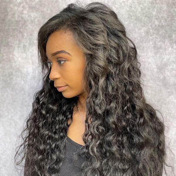 Volume Long Curly Hair with Bangs - a woman wearing black long sleeves