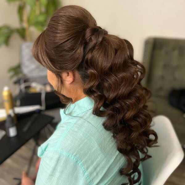 Weave Ponytail with Layered Bangs - a woman wearing green polo