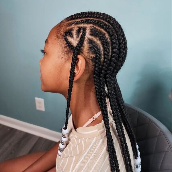 Beads on Full Head Cornrow Braids - a girl is wearing stripe beige shirt