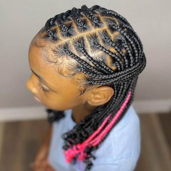 Box Braids with Pink Peekaboo - a girl is wearing blue shirt