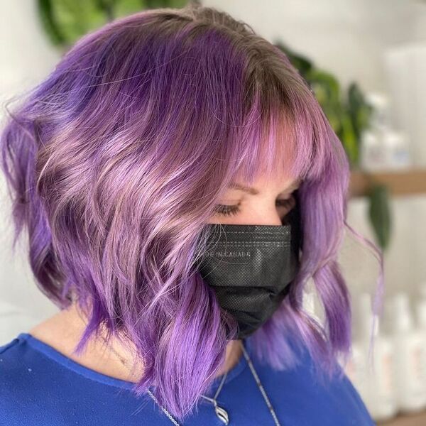 Glossy Shag Fringe Bob - a woman wearing blue top and mask