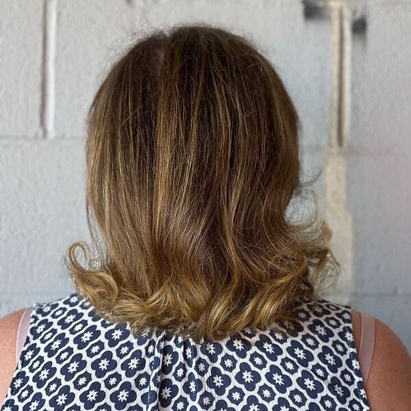 Long Bob Balayage in Curl Ends - a woman wearing sleeveless top