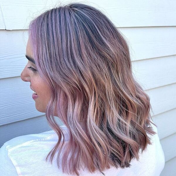 Mauve Pink Long Lob - a woman wearing white shirt