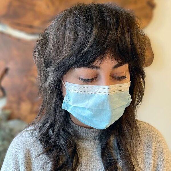 Thick Layer Fringe and Hairstyle - a woman wearing gray sweater and mask