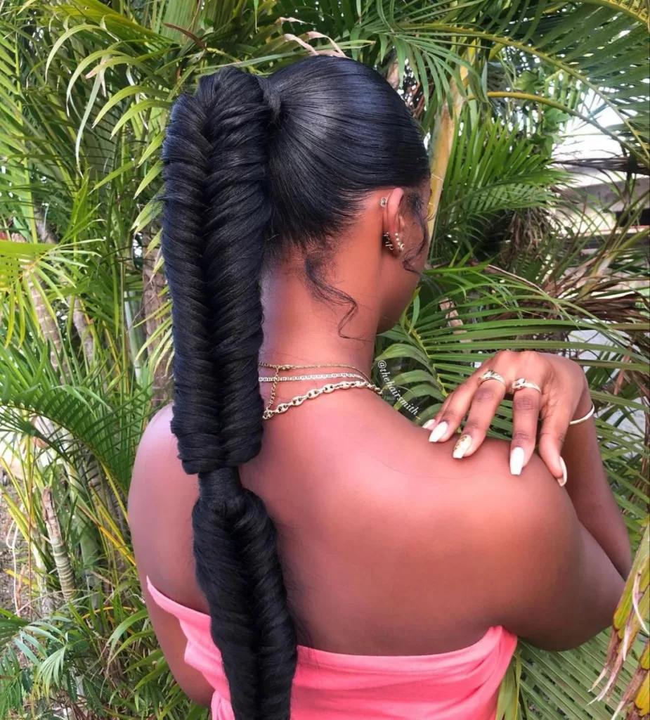 21. Fishtail Braid With Weave (quick weave hairstyles)
